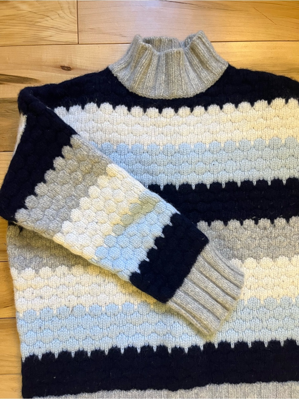 Kids Striped Mock-Neck Sweater in Navy, Light Blue & Gray